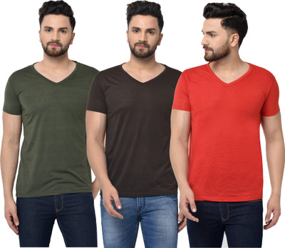 Jangoboy Solid Men V Neck Dark Green, Red, Brown T-Shirt