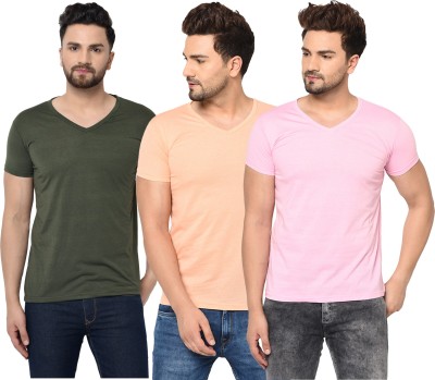 Jangoboy Self Design Men V Neck Dark Green, Pink, Beige T-Shirt