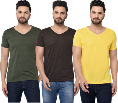 Jangoboy Solid Men V Neck Dark Green, Brown, Yellow T-Shirt
