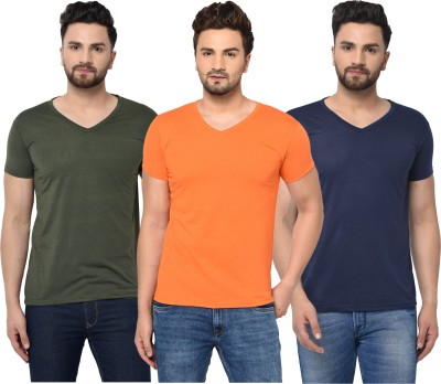 Jangoboy Solid Men V Neck Dark Blue, Dark Green, Orange T-Shirt