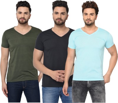 Jangoboy Solid Men V Neck Dark Green, Light Blue, Black T-Shirt