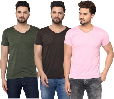 Jaskart Solid Men V Neck Dark Green, Brown, Pink T-Shirt