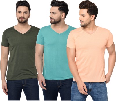 Jaskart Solid Men V Neck Dark Green, Light Blue, Beige T-Shirt