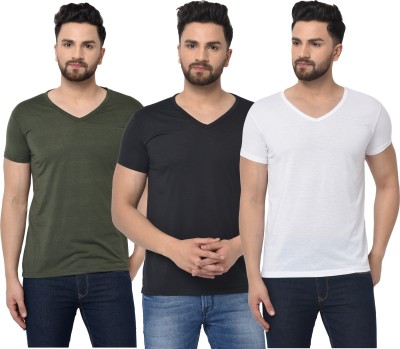 Jangoboy Solid Men V Neck Green, White, Black T-Shirt