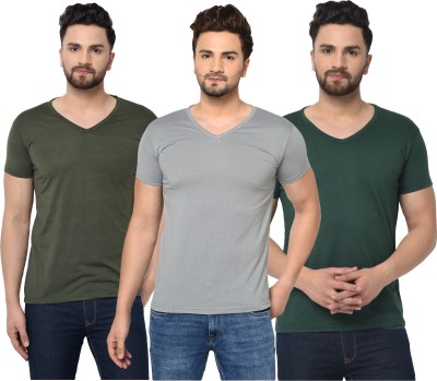 Jaskart Self Design Men V Neck Dark Green, Grey T-Shirt