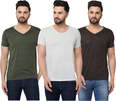 Jangoboy Self Design Men V Neck Green, Brown, Grey T-Shirt