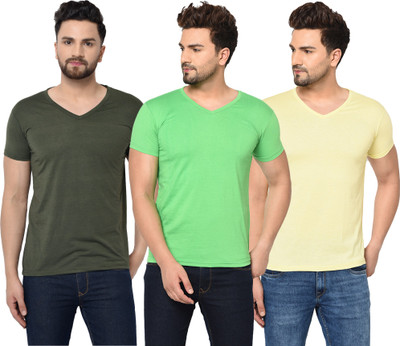 Adorbs Solid Men V Neck Dark Green, Green, Yellow T-Shirt