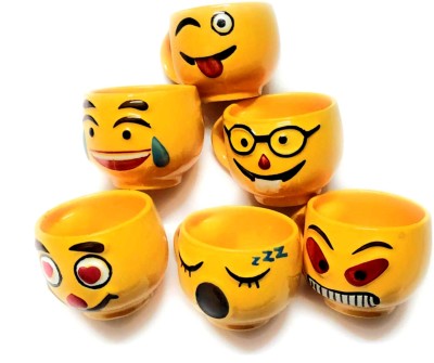 MAYA CREATION Pack of 6 Ceramic Yellow Emoji Smiley Coffee Mug Tea Cup Set, 120ml, Set of 6 Coffee Mugs/Tea Cups Great Gifting idea for him and her Tea Cup with Handle (Medium Size).(Yellow, Cup Set)