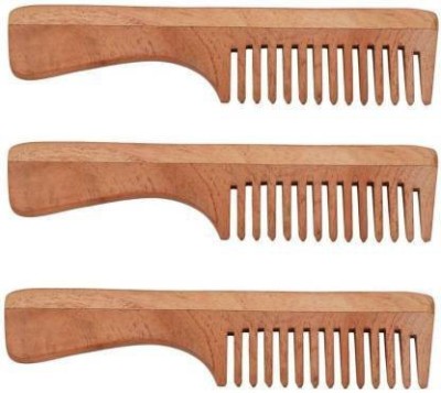 Pitambara PACK OF 3 WIDE TOOTH NEEM WOOD COMB WITH HANDLE(7.5 INCH)