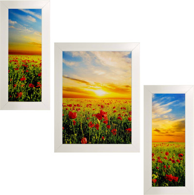 Indianara SET OF 3 SUN RISING SCENERY ART (2579) Digital Reprint 13 inch x 10.2 inch Painting(With Frame, Pack of 3)