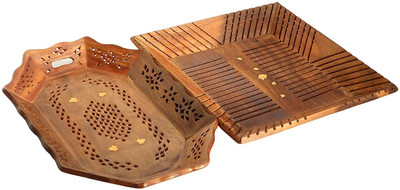 CART OF CRAFTS Wooden Food Serving Hand Crafted Carved Tray for Breakfast, Lunch, Dinner Food Cart Kitchen Combo of 2 (Brown-14x11x4 in) Tray(2 Tray)