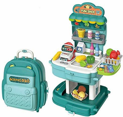 YATRI 2 in 1 School Bag Turn into Kitchen Supermarket Play Set Toy for Kids (37 pcs )(multicolor)