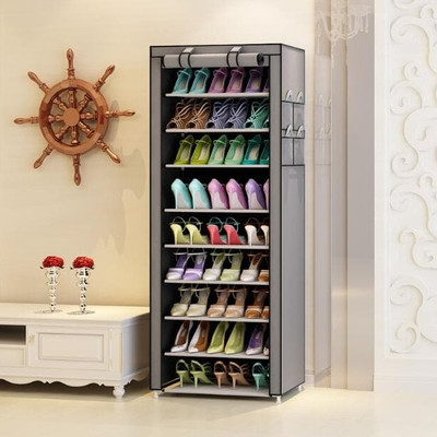 Gymfy Plastic, Metal Collapsible Shoe Stand(Grey, 9 Shelves)