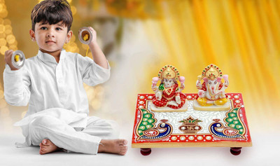 diya home Marble Laxmi Ganesh Idol Chowki for Home Pooja ( White, 6x4 Inches ) Marble All Purpose Chowki(Multicolor, Pack of 1)