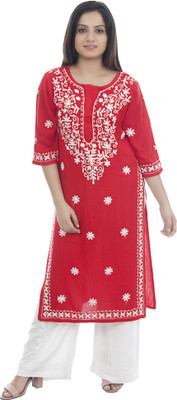 club fashion Women Embroidered Straight Kurta(Red)
