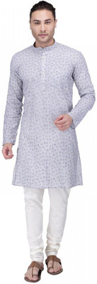 Rajubhai Hargovindas Men Printed Straight Kurta(Grey)
