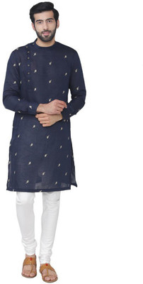 MANYAVAR Men Printed Straight Kurta(Dark Blue)