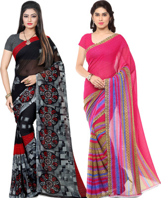 ANAND Printed Daily Wear Georgette Saree(Pack of 2, Black, Pink, Grey)