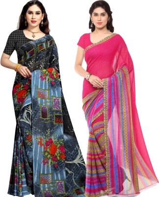 Anand Printed Daily Wear Georgette Saree(Pack of 2, Blue, Pink, Grey)