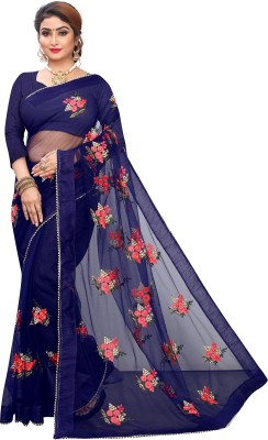 KANJIVARAM STYLE Embroidered Bollywood Net Saree(Dark Blue)