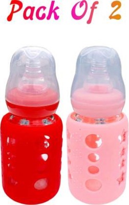 HuddiBABA Glass Feeding Bottle for Newborns/Infants/Babies - 120 ml (Pink, Red) - 120 ml(Pink, Red)