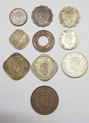F4S BRITISH INDIA - SET OF 10 DIFFERENT COINS OF GEORGE VI - 1 PICE ,1/12 ANNA , QUARTER ANNA, HALF ANNA , 1 ANNA, 2 ANNA , HALF RUPEE AND QUARTER RUPEE Medieval Coin Collection(10 Coins)