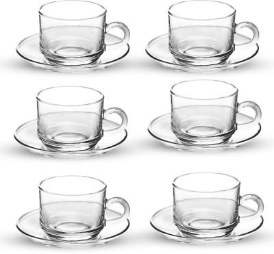 swtk Pack of 12 Glass Roma Glass Tea Cup & Saucer Set, Coffee, Milk, cappuccinos, Lemon Tea, Green Tea,Tea Cups with Handle Transparent(Clear, Cup and Saucer)