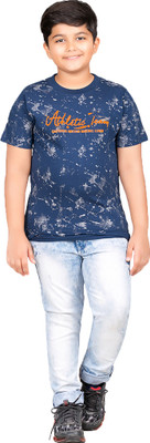 Jingo Boys Printed Cotton Blend Regular T Shirt(Blue, Pack of 1)
