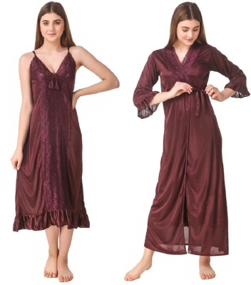 Romaisa Women Nighty with Robe(Brown)