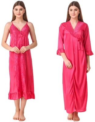 Romaisa Women Nighty with Robe(Pink)