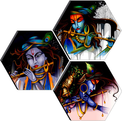 saf Krishna Hexagon Digital Reprint 17 inch x 17 inch Painting(With Frame, Pack of 3)