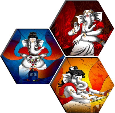 saf Ganesha Large Hexagon Digital Reprint 21 inch x 21 inch Painting(With Frame, Pack of 3)