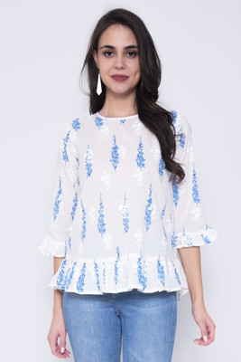 God Bless Casual Flared Sleeve Printed Women White Top