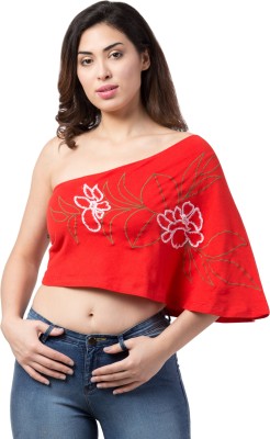 Neelja Party Cutout Sleeve Printed, Embroidered Women Red Top