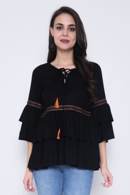 God Bless Casual Bell Sleeve Solid Women Black Top
