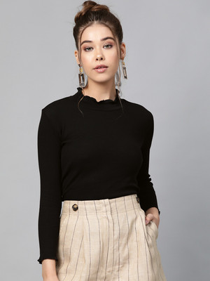 SASSAFRAS Casual Regular Sleeve Solid Women Black Top