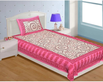 DHAYAL TEXTILES Cotton Single Flat 300 TC Printed Bedsheet(Pack of 1, Pink, White)