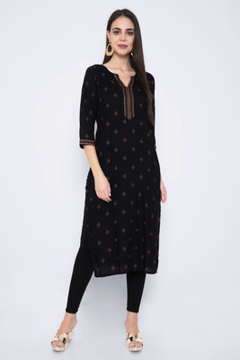 God Bless Women Printed Straight Kurta(Black)