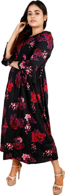 rayie collection Women Printed Flared Kurta(Black)