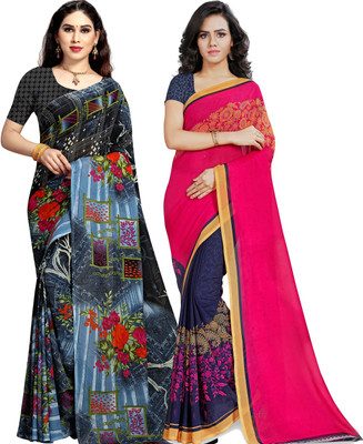ANAND Printed Daily Wear Georgette Saree(Pack of 2, Blue, Pink, Grey)