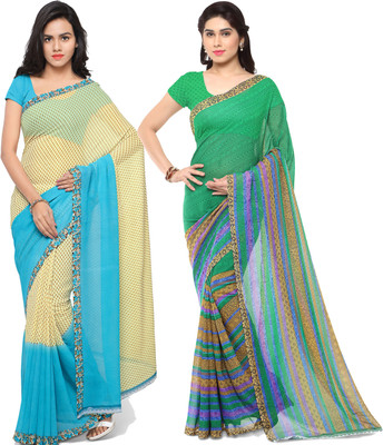 ANAND Printed Daily Wear Georgette Saree(Pack of 2, Light Blue, Green, Cream)