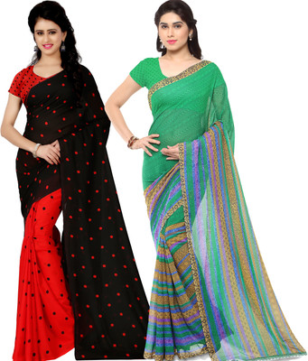 ANAND Printed, Graphic Print, Polka Print Daily Wear Georgette Saree(Pack of 2, Red, Green, Black)