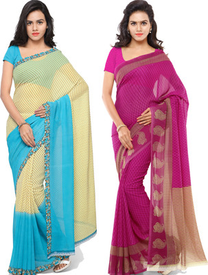 ANAND Printed Daily Wear Georgette Saree(Pack of 2, Light Blue, Pink, Cream)