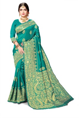 TINA FASHION Woven Banarasi Cotton Silk Saree(Green)