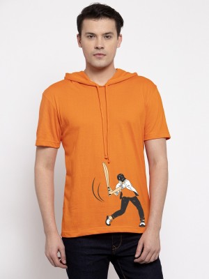 FRISKERS Printed Men Hooded Neck Orange T-Shirt