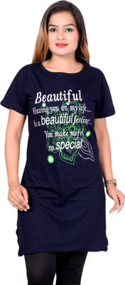 RAMYA COLLECTION Printed Women Round Neck Dark Blue T-Shirt