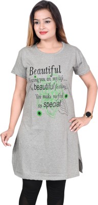 Pushti Fashion Printed Women Round Neck Grey T-Shirt