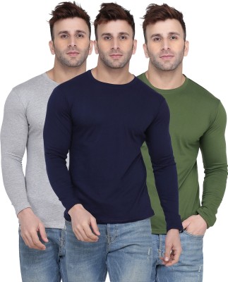 Kroptee Solid Men Round Neck Dark Blue, Green, Grey T-Shirt