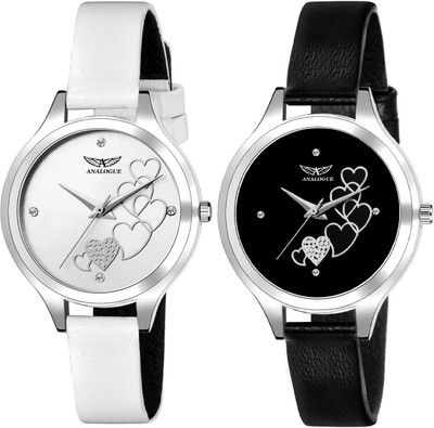 ANALOGUE Combo of 2 Elegant Black and White Diamond Studded Love Series for Uptown Girl's Combo of 2 Elegant Black and White Diamond Studded Love Series for Uptown Girl's Analog Watch  - For Women