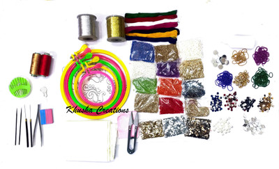 KHUSHA CREATIONS Ultimate Embroidery Kit/ Embroidery Kit with 5 plastic hoops and embroidery material/Aari Embroidery Kit/Hobby Embroidery Kit